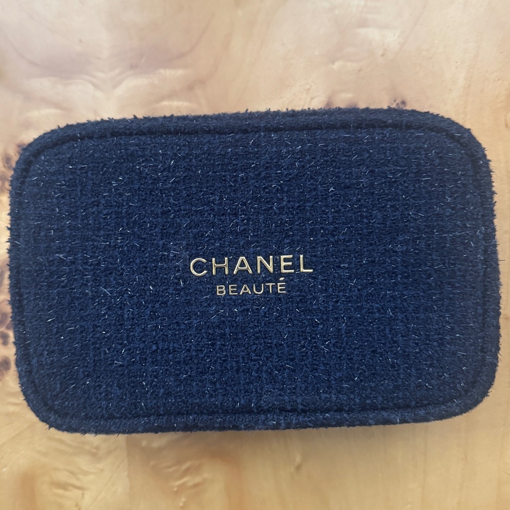 CHANEL Tweed Navy & Gold Zip Cosmetic Bag / Pouch